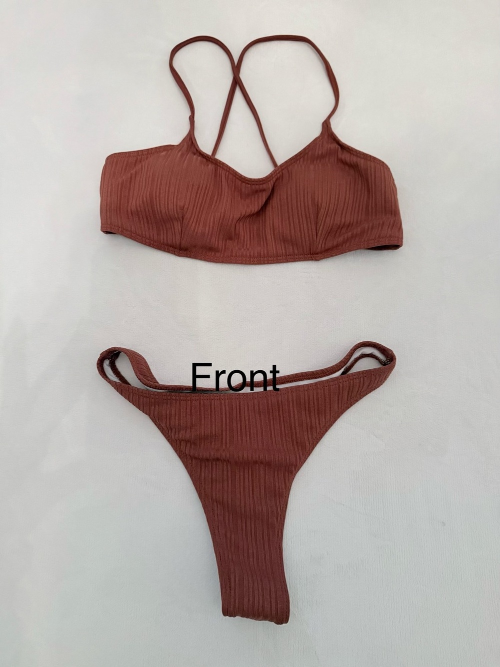 Source Unknown Ribbed Two-Piece Bikini in Rust Brown